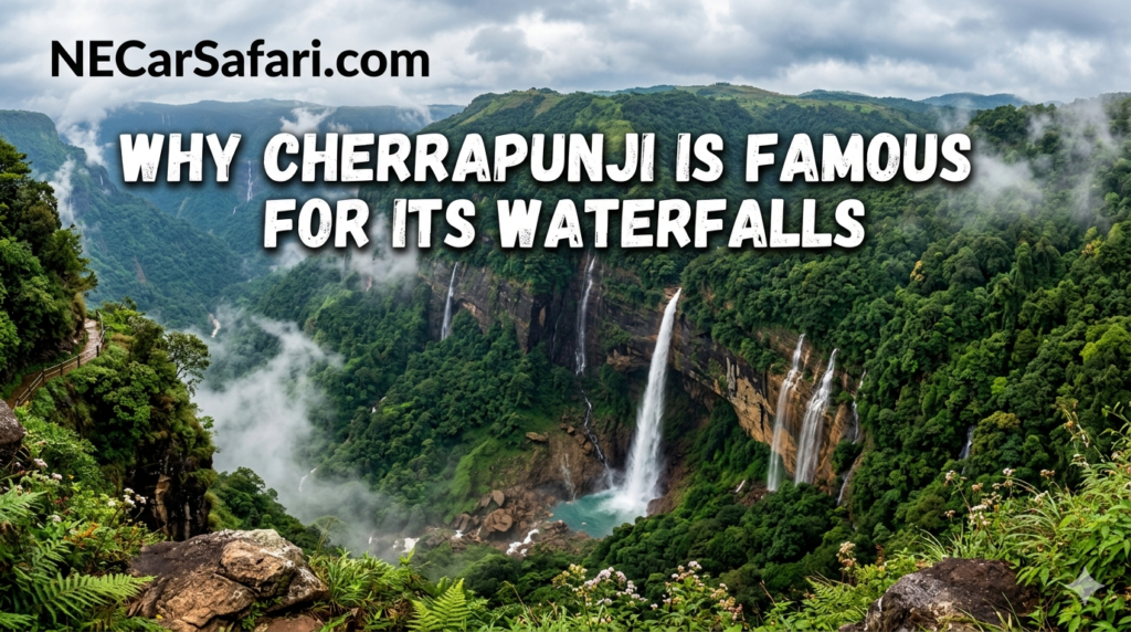 Scenic view of waterfalls in Cherrapunji surrounded by lush greenery